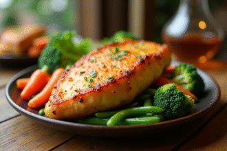 Cordon bleu doré servi avec légumes frais sur une table en bois