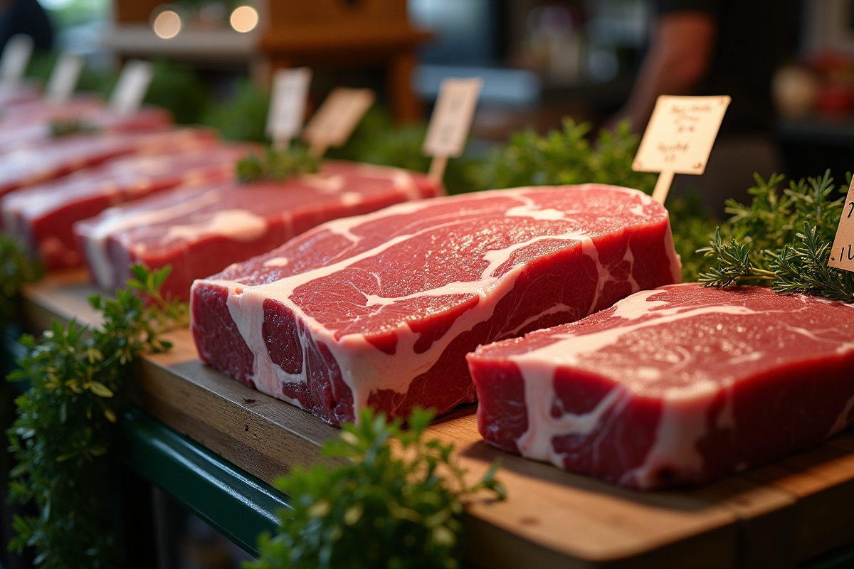 Côte de bœuf crue en vitrine de boucherie avec herbes
