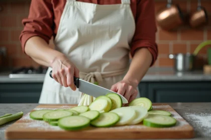 Femme coupant des poireaux en fines rondelles sur une planche en bois dans une cuisine rustique