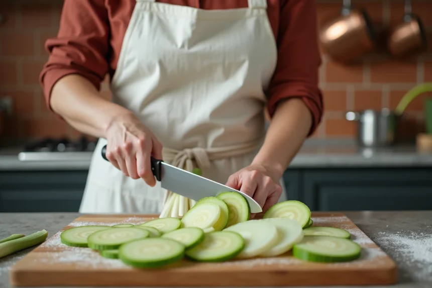 Femme coupant des poireaux en fines rondelles sur une planche en bois dans une cuisine rustique