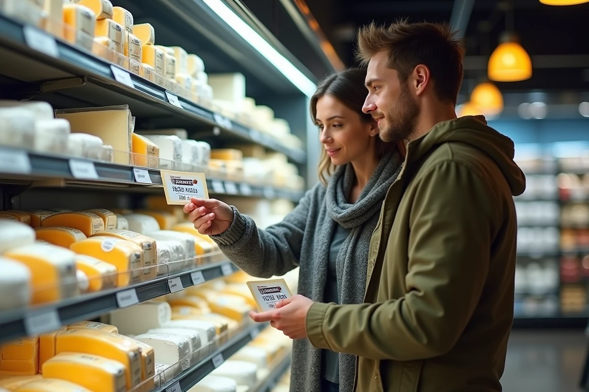 Couple comparant les prix du Beaufort au kilo en rayon fromagerie de supermarché