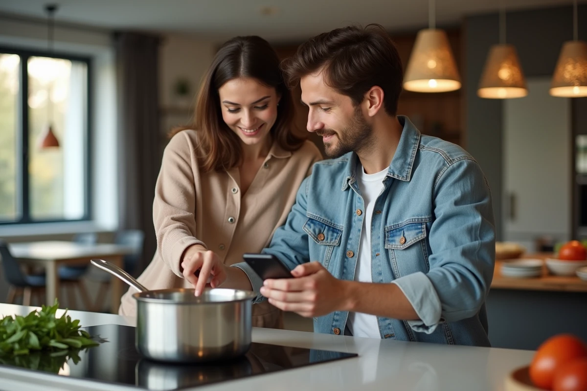 Couple utilisant un minuteur cuisson en ligne sur smartphone dans une cuisine ouverte contemporaine