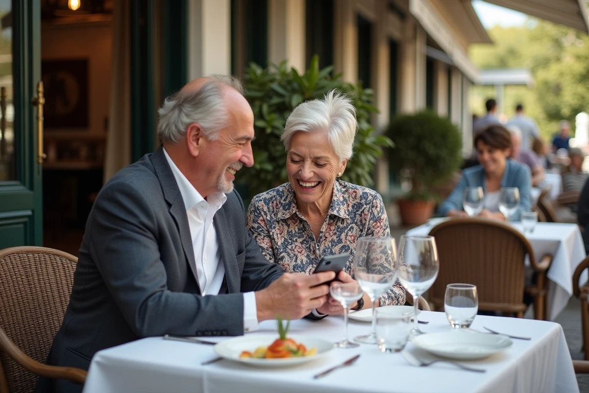 Couple riant en lisant un avis sur smartphone à la terrasse du restaurant