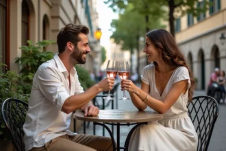 Couple souriant partageant un verre de rosé en terrasse