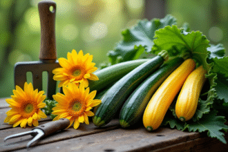 Courgettes fraîches et fleurs de courgette sur une table en bois