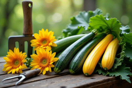 Courgettes fraîches et fleurs de courgette sur une table en bois