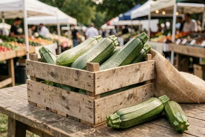 Caisse en bois remplie de courgettes fraîches avec des gouttes d'eau, posée sur une table rustique dans un marché de plein air