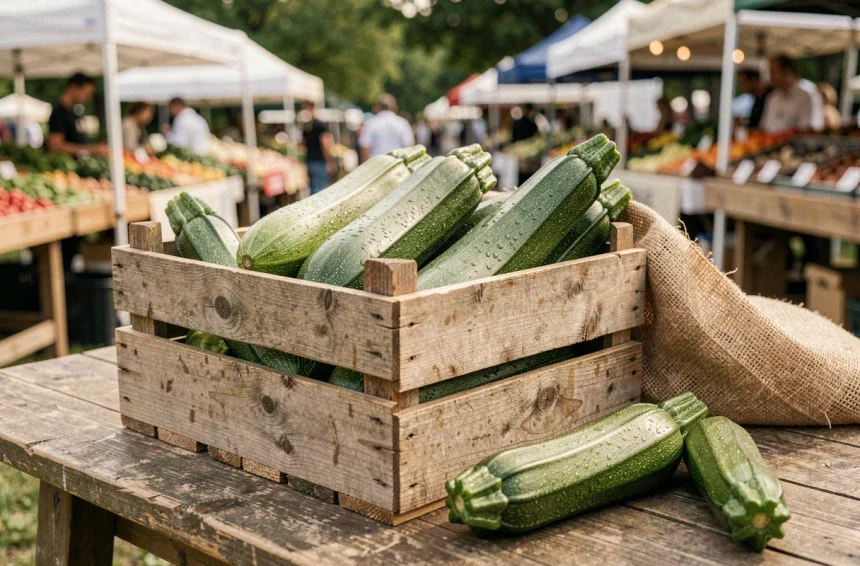 Caisse en bois remplie de courgettes fraîches avec des gouttes d'eau, posée sur une table rustique dans un marché de plein air