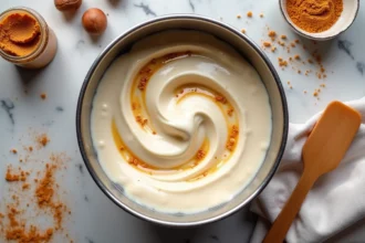 Crème mousseline praliné maison dans un bol en inox sur plan de travail en marbre avec noisettes et spatule
