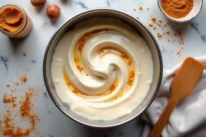 Crème mousseline praliné maison dans un bol en inox sur plan de travail en marbre avec noisettes et spatule