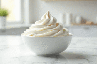 Crème chantilly dans un bol en marbre blanc