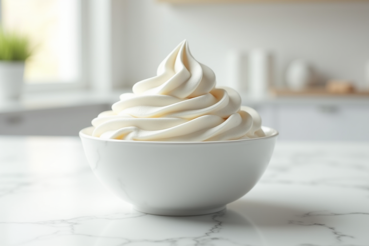 Crème chantilly dans un bol en marbre blanc