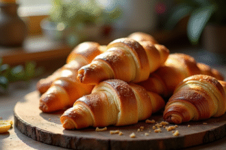 Croissants au beurre dorés empilés sur une planche en bois rustique