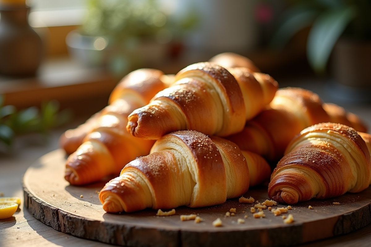 Croissants au beurre dorés empilés sur une planche en bois rustique