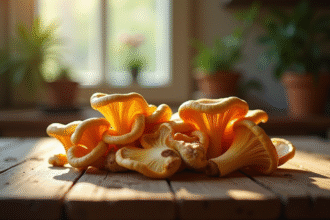 Champignons girolles fraîchement récoltés sur une table en bois