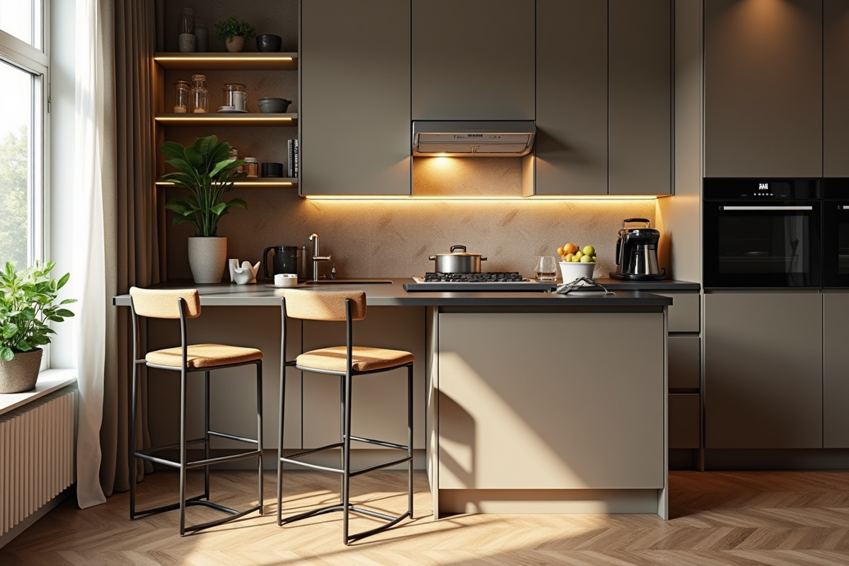 Petite cuisine chaleureuse avec comptoir elevé et plantes vertes