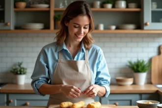 Femme en cuisine préparant des tenders de poulet