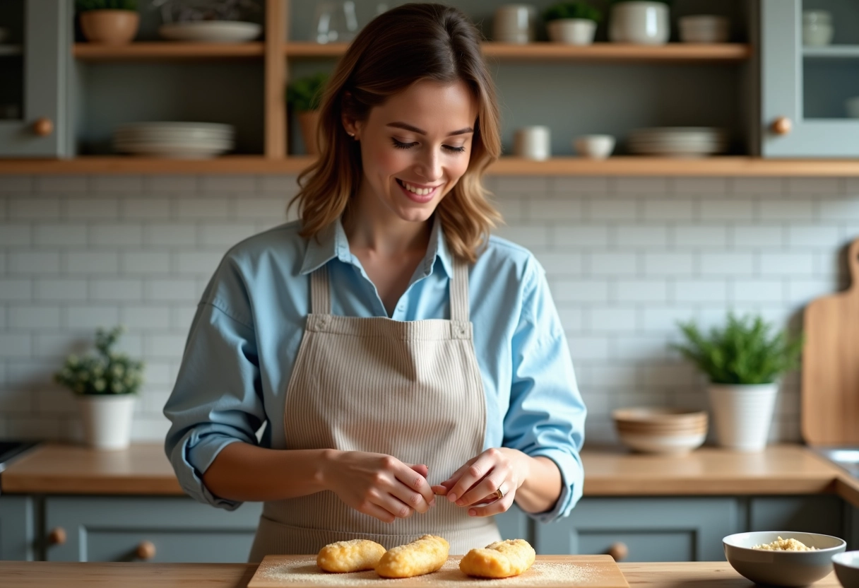 Femme en cuisine préparant des tenders de poulet