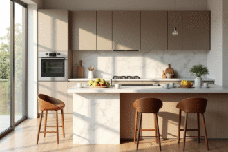 Cuisine moderne avec plan snack en marbre blanc lumineux