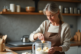 Femme en cuisine ajoutant du beurre à la farine
