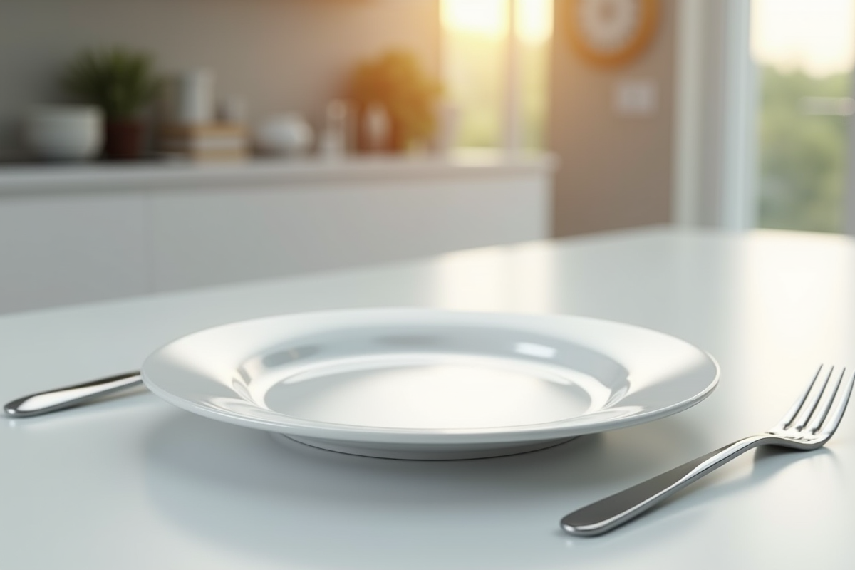 Cuisine moderne avec assiette vide et couverts pour sauter un repas