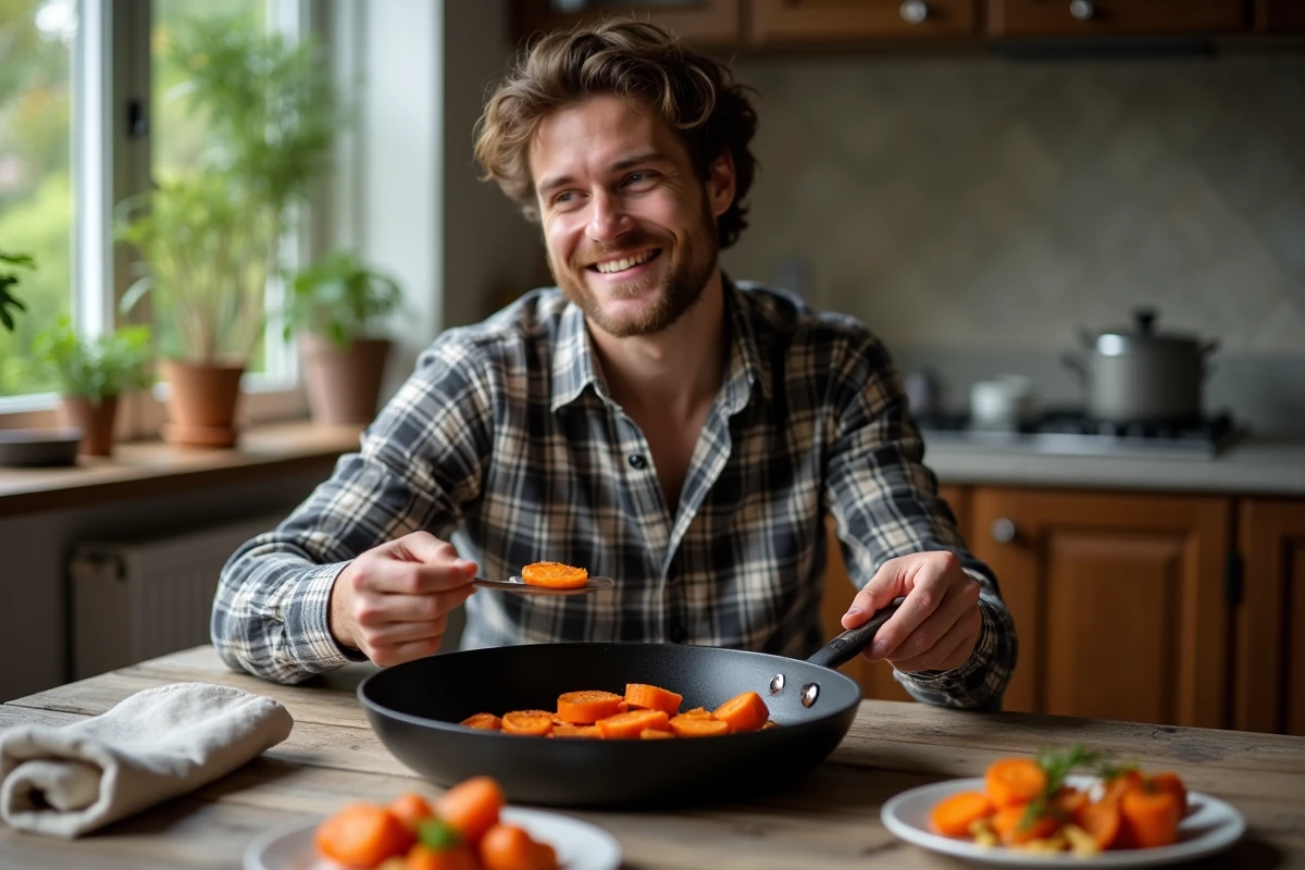 Jeune homme cuisinant des carottes dans une poele noire