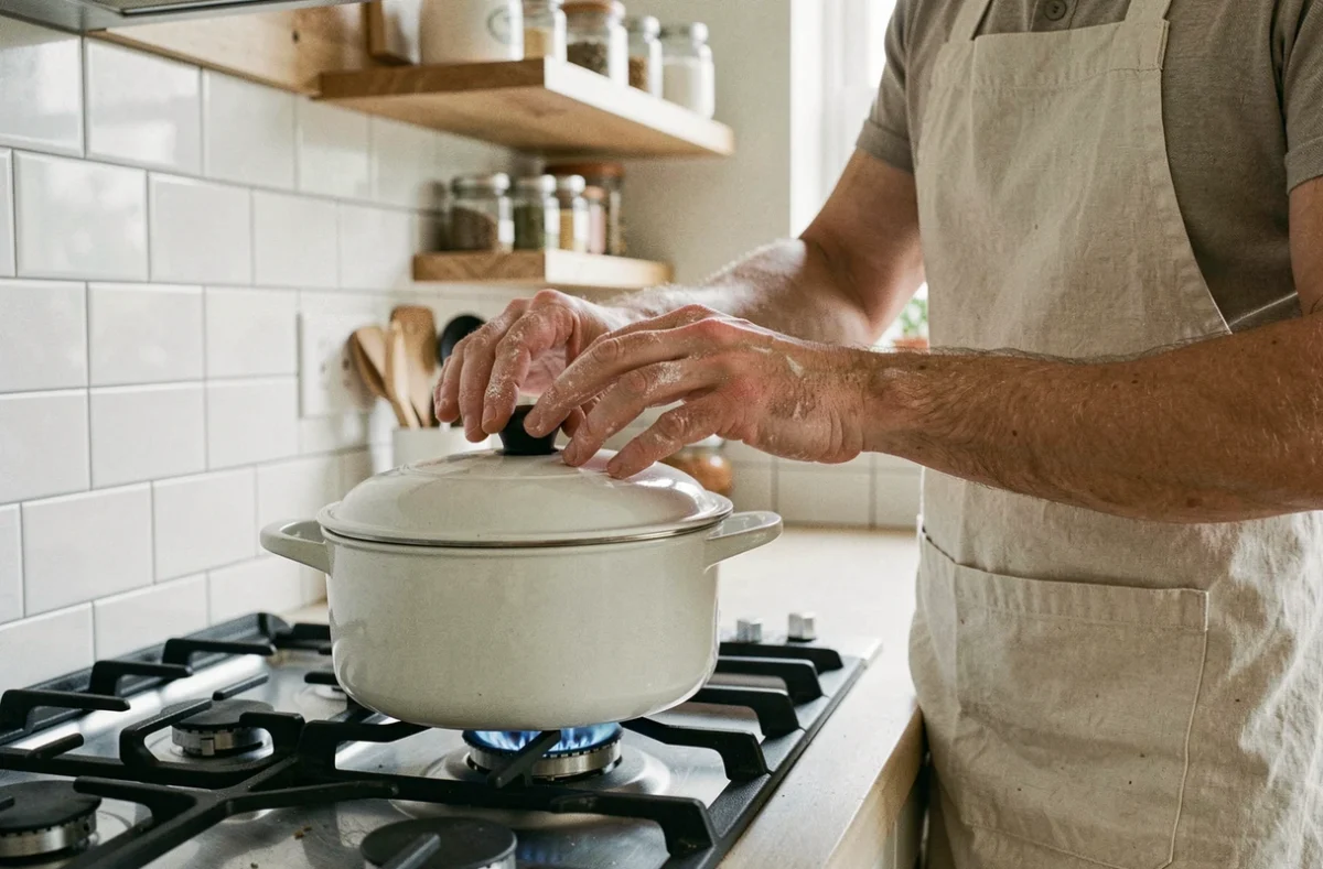 Cuisinier amateur en tablier posant le couvercle d'une cocotte émaillée sur une gazinière dans une cuisine moderne