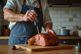 Homme en cuisine insere un thermometre dans un roti doré