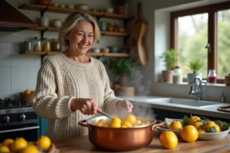 Femme en pull remuant une grande casserole de coings en cuisine