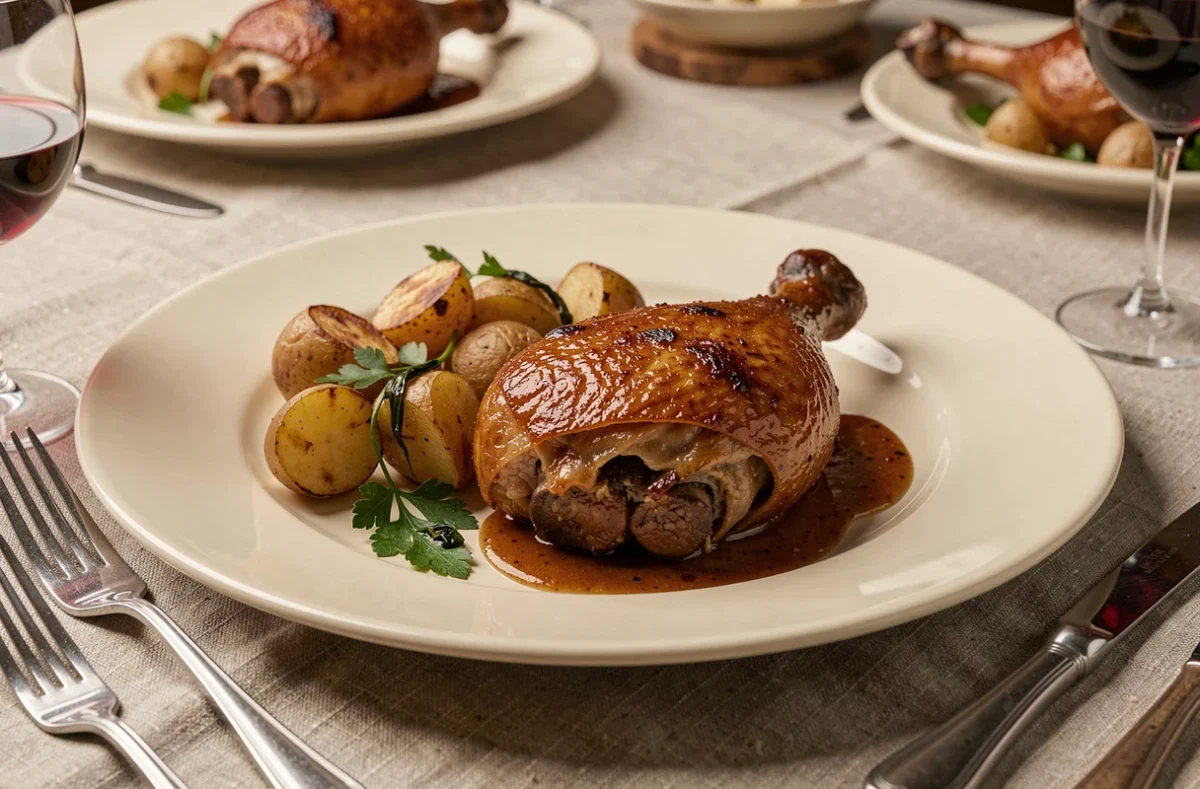 Cuisse de canard confite croustillante servie avec pommes de terre dorées et persil sur assiette en céramique blanche