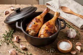 Cuisses de canard dorées dans une cocotte en fonte avec ail, thym et sel de mer sur table en bois rustique