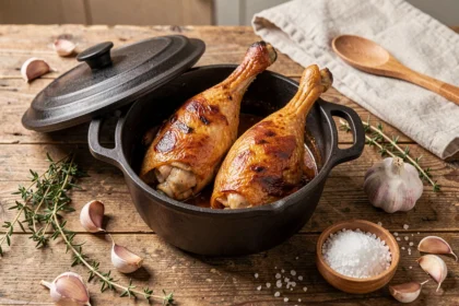 Cuisses de canard dorées dans une cocotte en fonte avec ail, thym et sel de mer sur table en bois rustique