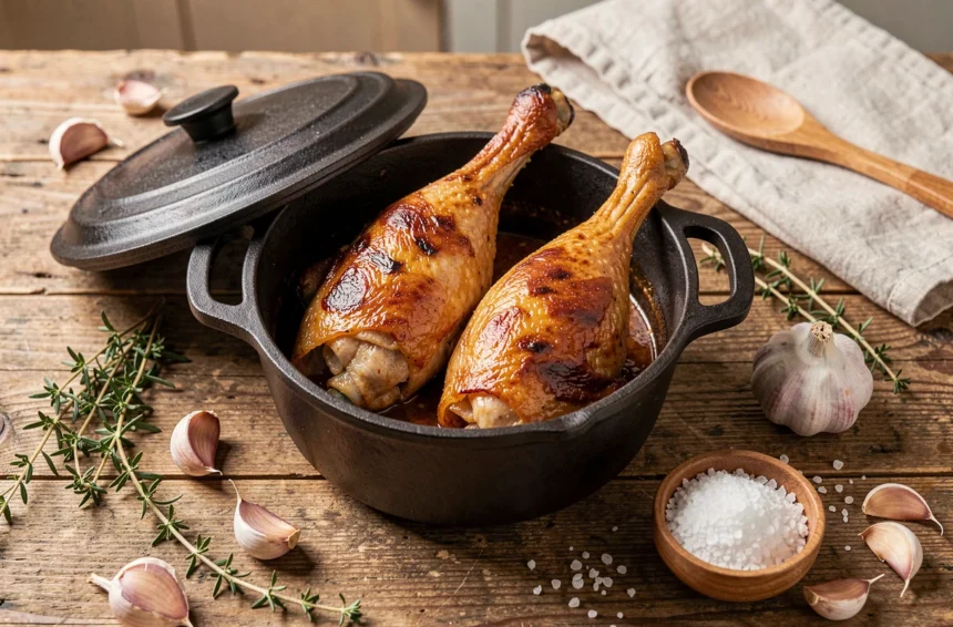 Cuisses de canard dorées dans une cocotte en fonte avec ail, thym et sel de mer sur table en bois rustique