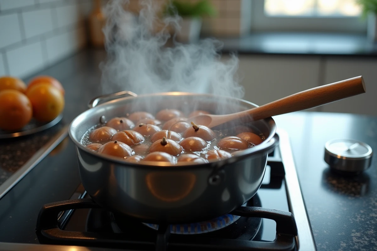 Casserole de châtaignes en train de bouillir sur une gazinière avec un minuteur de cuisine