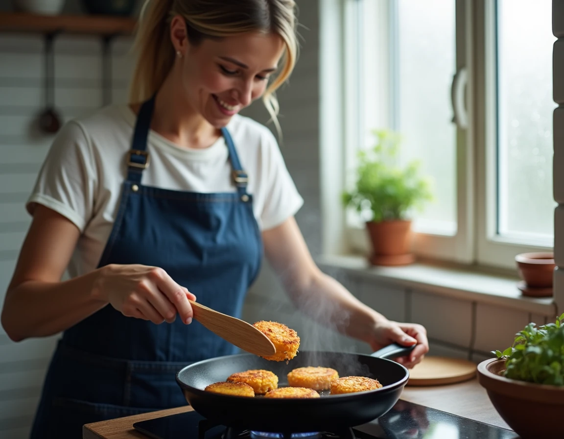 Femme faisant cuire des crépinettes dorées dans une poêle en fonte sur une cuisinière à gaz dans une cuisine familiale