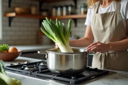 Femme faisant cuire des endives dans une casserole d'eau bouillante sur une cuisinière moderne