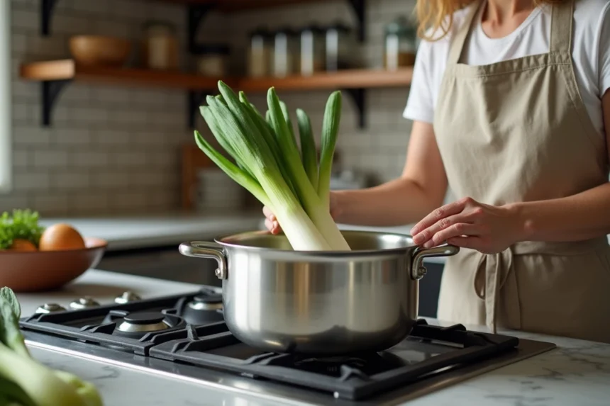 Femme faisant cuire des endives dans une casserole d'eau bouillante sur une cuisinière moderne