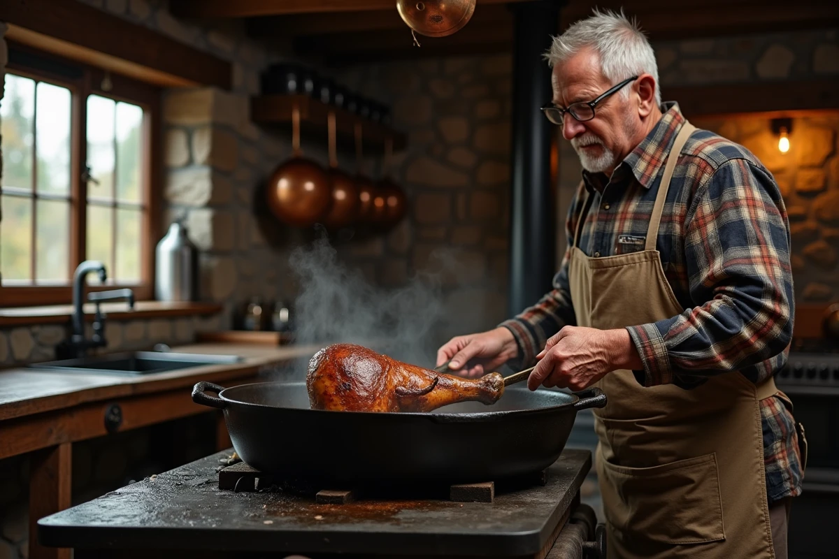 Chasseur cuisinier en tablier préparant un gigot de chevreuil en cocotte dans une cuisine de lodge rustique
