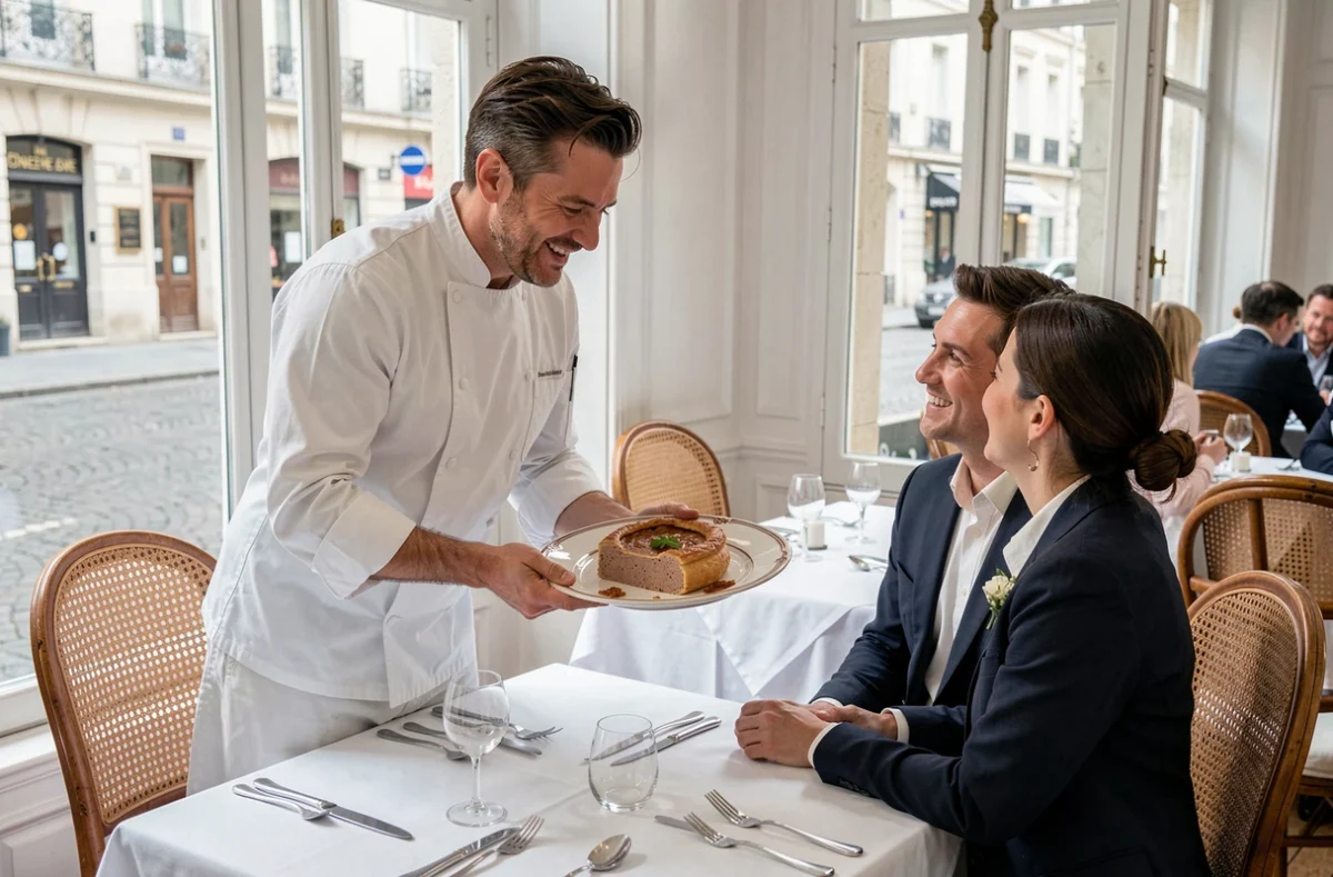 Chef de Daniel et Denise à Lyon présentant un pâté en croûte raffiné sur un plateau en céramique dans une salle élégante aux nappes blanches immaculées