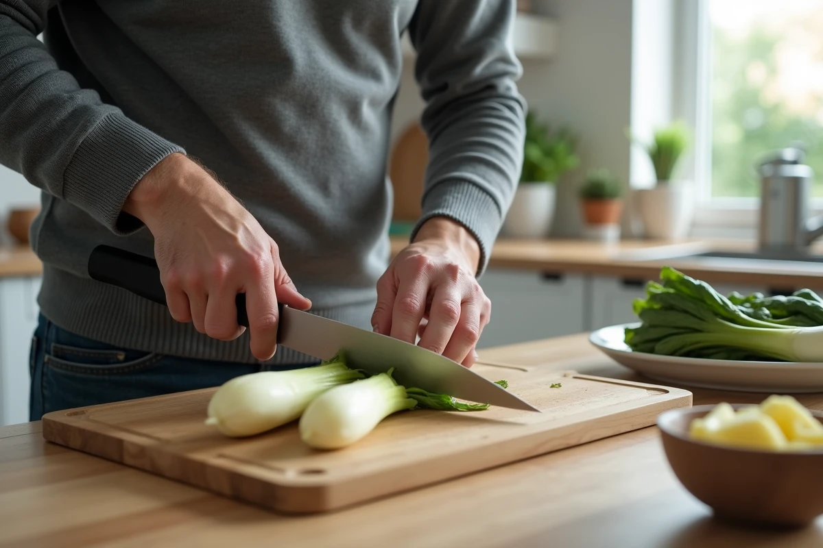 Homme découpant des endives cuites à la vapeur sur une planche en bois dans une cuisine familiale
