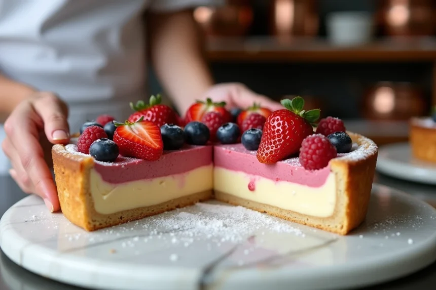 Tranche de tarte aux fruits avec crème pâtissière bien tenue révélant une découpe nette et des couches distinctes de fruits frais et de crème