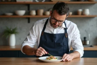 Designer en cuisine moderne avec plat sophistiqué