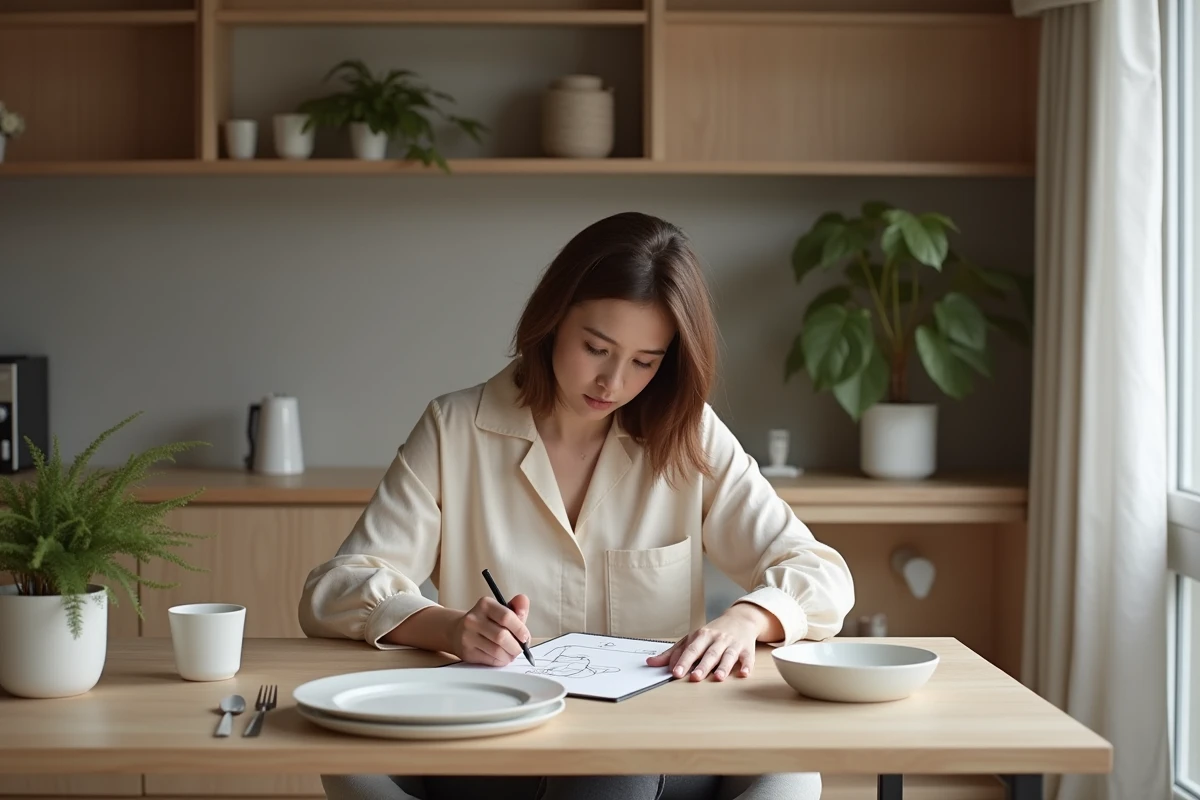 Jeune femme dessinant un projet de vaisselle