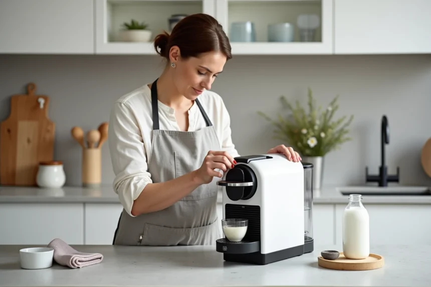 Femme examinant une machine Nespresso Magimix avec du vinaigre blanc pour le détartrage dans une cuisine moderne