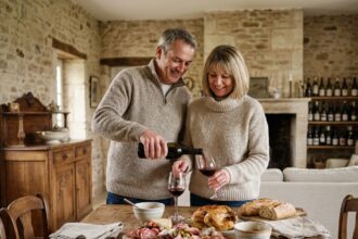 Couple partageant un dîner convivial avec vin rouge en campagne