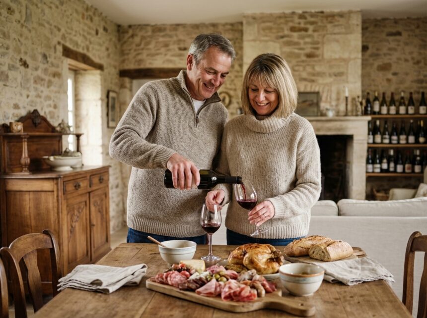 Couple partageant un dîner convivial avec vin rouge en campagne