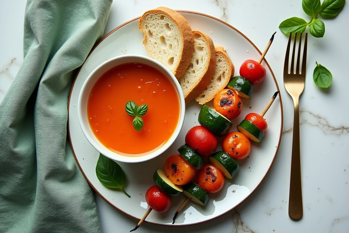 Vue de dessus d'un dîner d'été léger avec gaspacho, légumes grillés marinés et pain de seigle sur un plan de travail en pierre