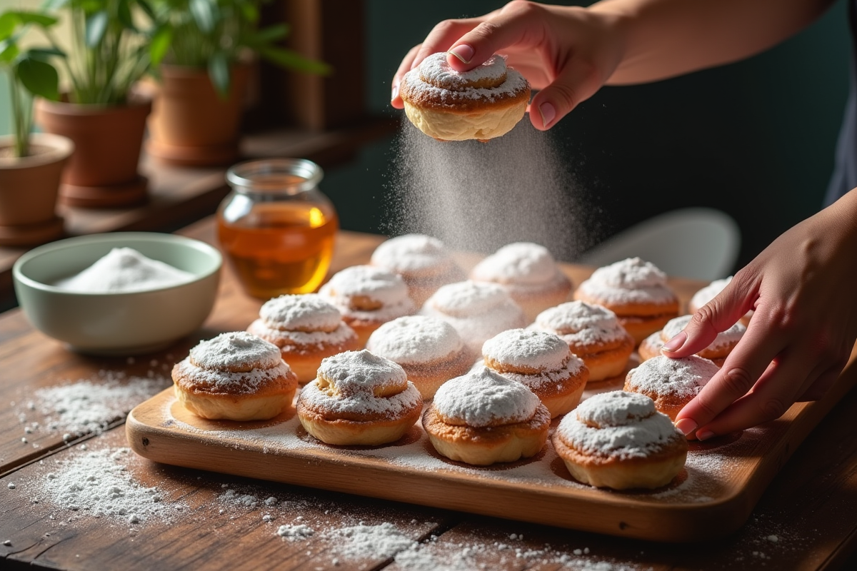 Main saupoudrant de sucre glace sur choux dans une cuisine chaleureuse