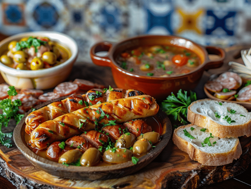 Saucisse alheira traditionnelle du Portugal sur une planche en bois