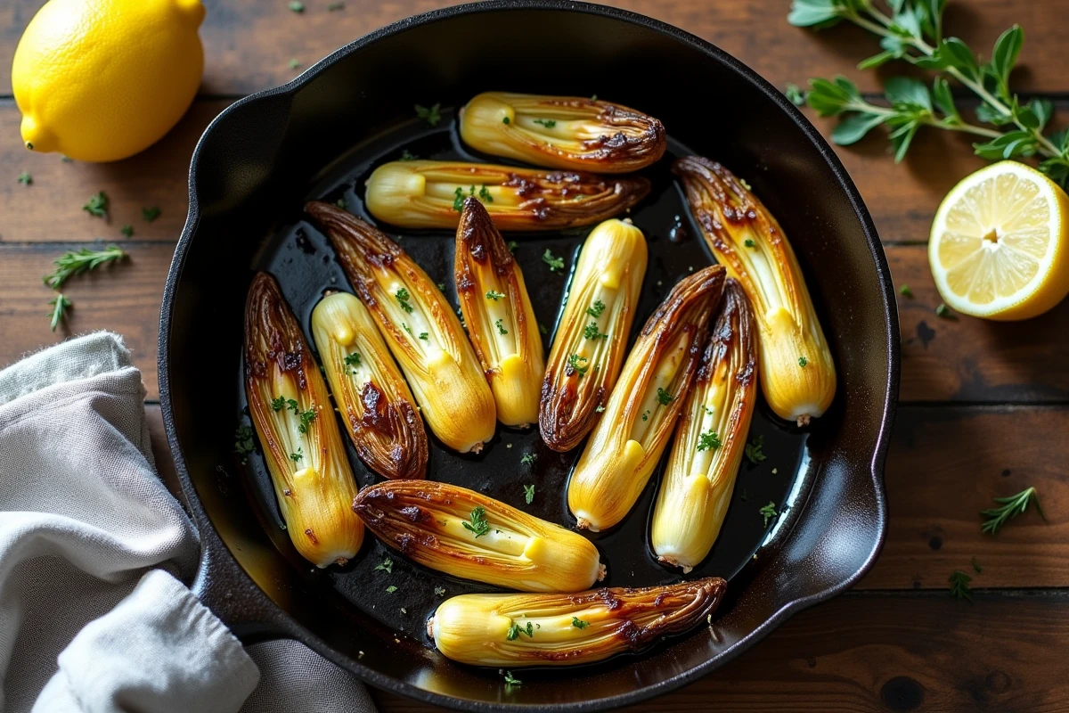 Endives braisées dorées dans une poêle en fonte avec des herbes fraîches sur une table en bois